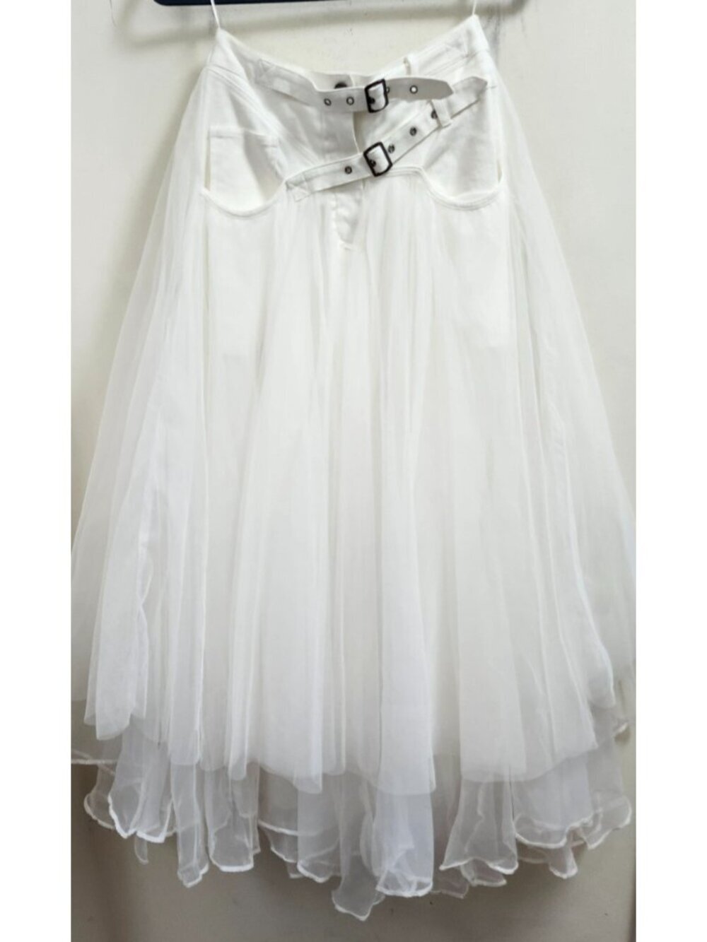 White Tulle Maxi Skirt Buckle Waist Layered Mesh Fairy Grunge Cottagecore S - Picture 2 of 15